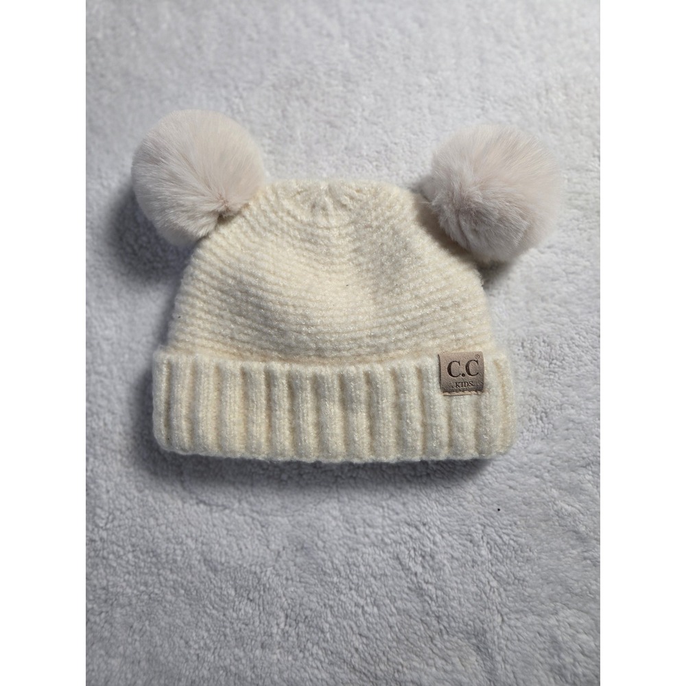 CC Kids Ivory Ribbed Knit Double Pom Beanie‎ Hat Faux Fur Winter Warm RN